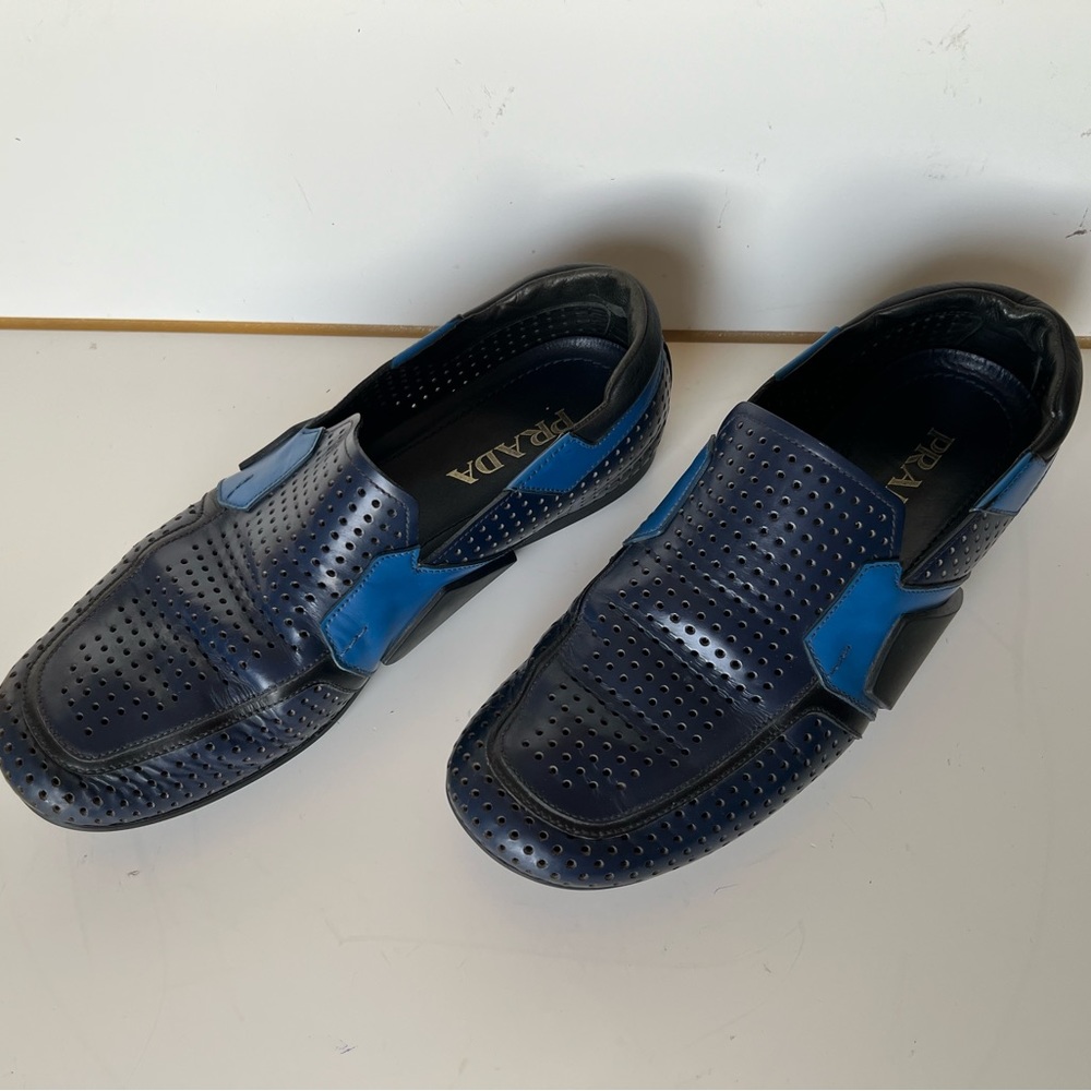 Authentic Prada Mens Black Blue Perforated Leather Slip On Loafer Shoes Size 9.5